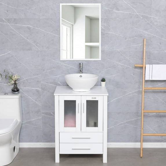 Eclife 24" White Bathroom Vanity Set with Wood Top, White Ceramic Sink, Water Saving Faucet,Pop up Drain Combo