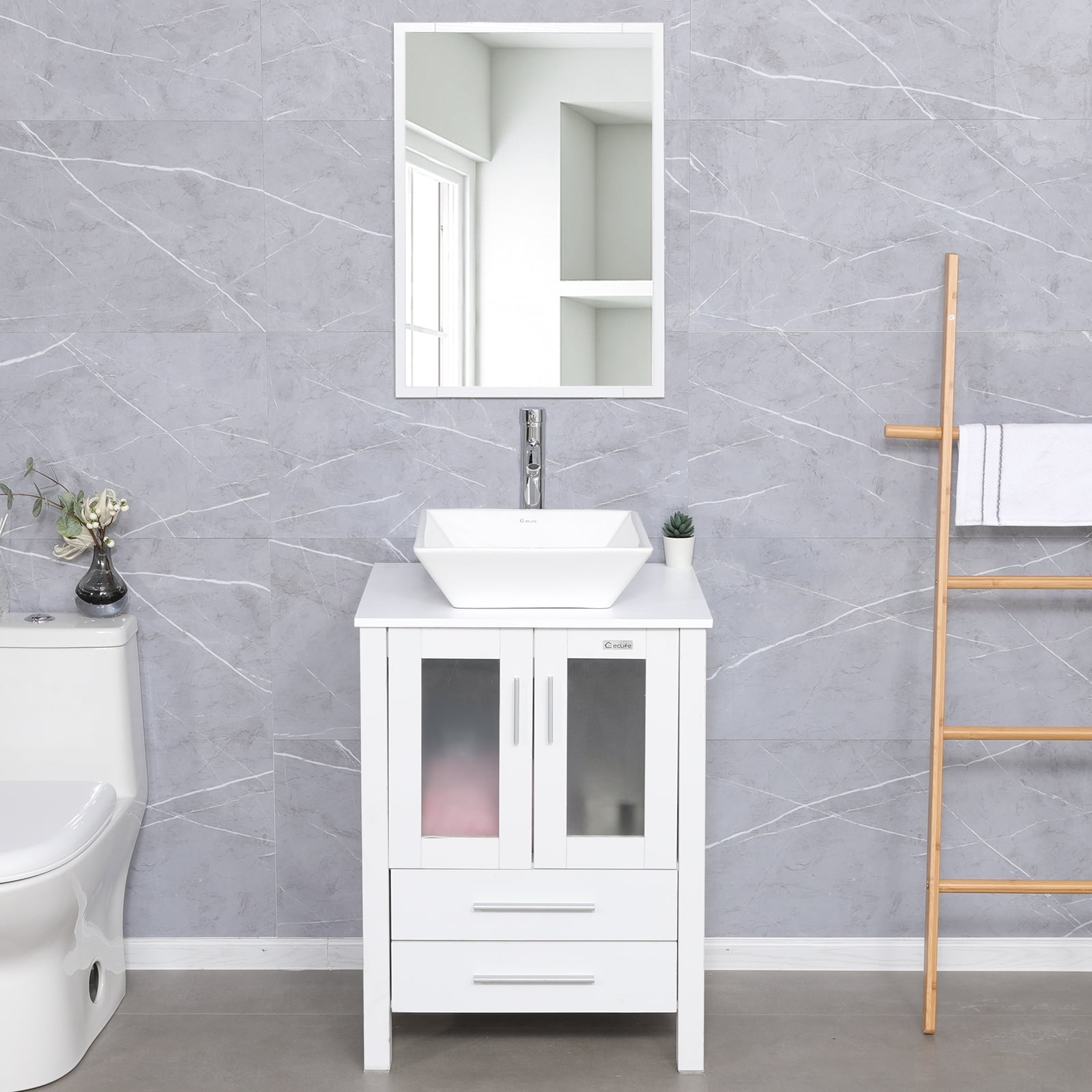 24'' White MDF Freestanding Bathroom Vanity with Ceramic Vessel Sink