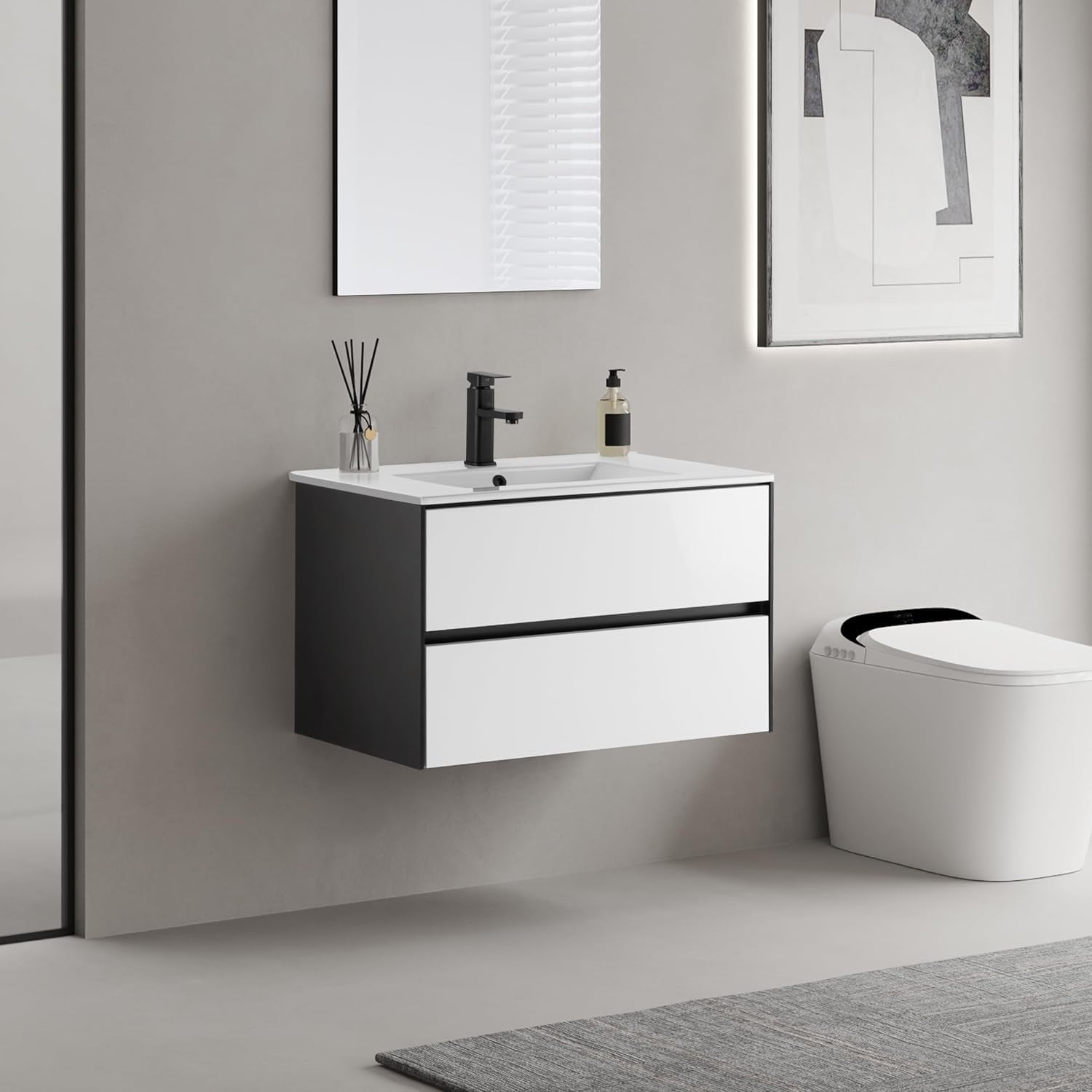 Eclife 30" Bathroom Vanity Cabinet with Undermount Ceramic Sink, 2 Big Drawers, Matte Black Faucet