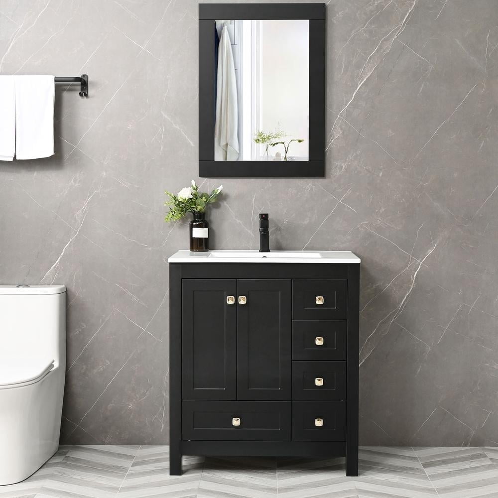Eclife 30" Black Bathroom Vanity Set with Mirror, Ceramic Sink Top, Water Saving Faucet Drain