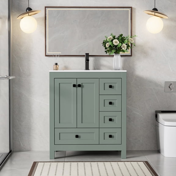 Eclife 30" Freestanding Bathroom Vanity with Integrated Sink Top and Faucet, Space-Saving Design, Easy-Clean Finish