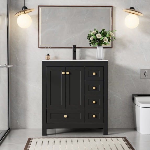 Eclife 30" Integrated Bathroom Vanity with Resin Sink , Single Sink Modern Storage Cabinet, Water-Resistant Finish