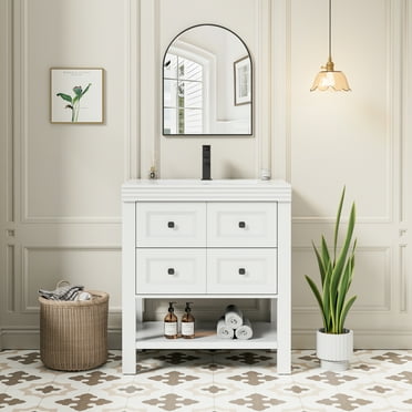 Eclife 30" Single Bathroom Vanity With Ceramic Sink Top, 2 Smooth Drawers, Faucet