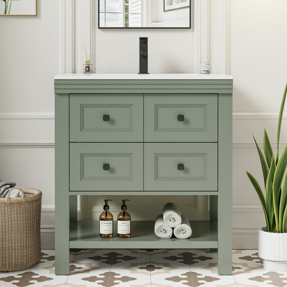 Eclife 30" Single Bathroom Vanity With Ceramic Sink Top, 2 Smooth Drawers, Faucet