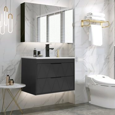 Eclife 30" Wall Mounted Floating Bathroom Vanity with Ceramic Sink Top and 30% Water Saving Faucet, Black