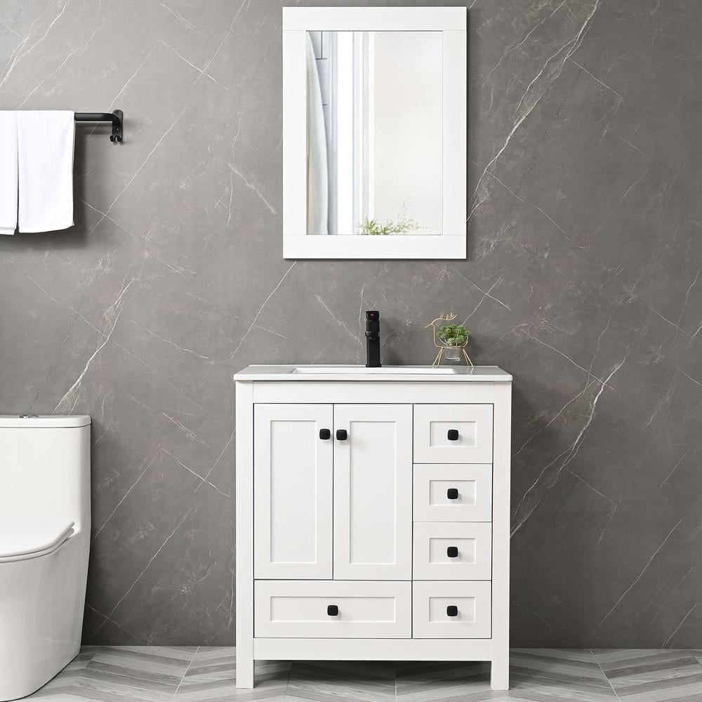 White 30" Freestanding Bathroom Vanity with Ceramic Sink and Mirror