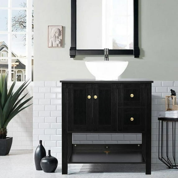 Eclife 32" Bathroom Vanity Set with Wood Top, White Ceramic Sink, Water Saving Faucet, Pop up Drain, Supply Lines