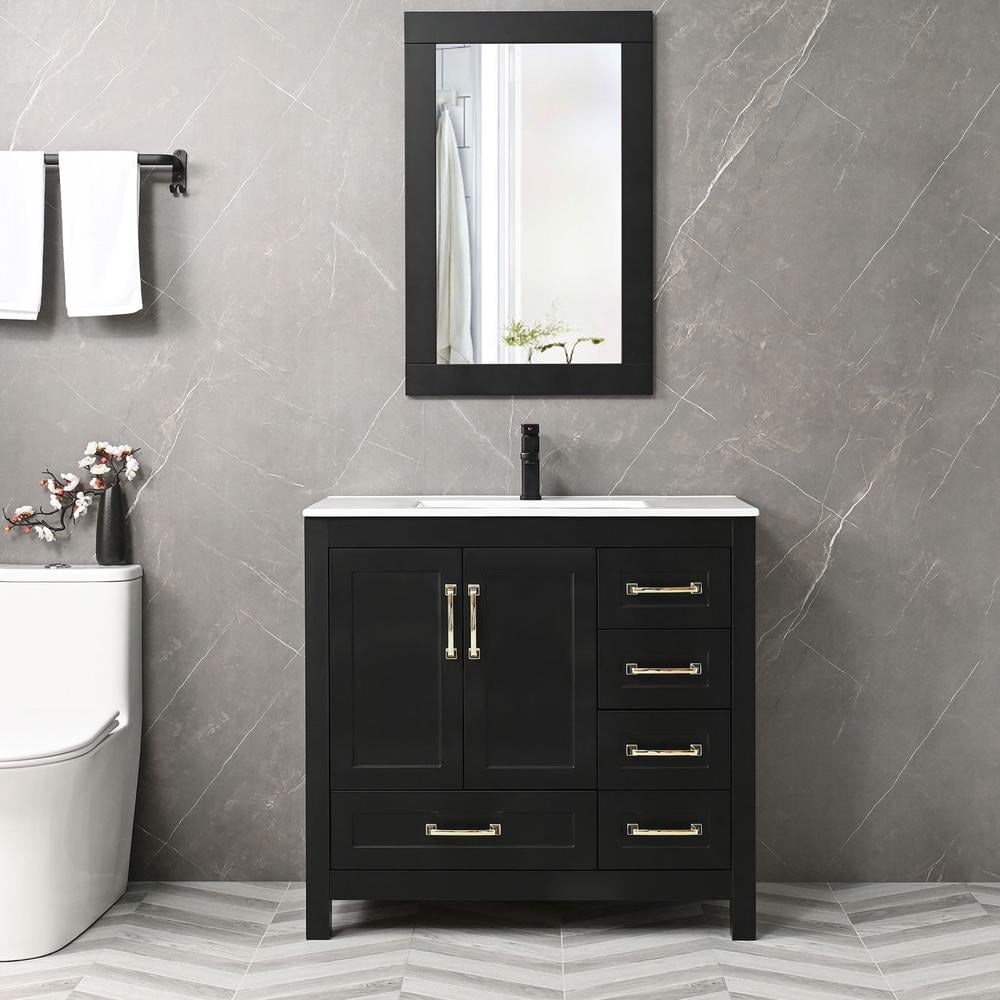 Eclife 36" Black Bathroom Vanity Set with Mirror, Ceramic Sink Top