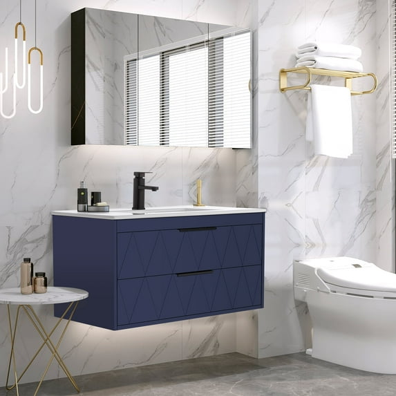 Eclife 36" Modern Wall Mount Bathroom Vanity Set with Integrated Sink Top, Faucet, Floating Cabinet