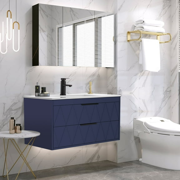 Eclife 36" Modern Wall Mount Bathroom Vanity Set with Integrated Sink Top, Faucet, Floating Cabinet