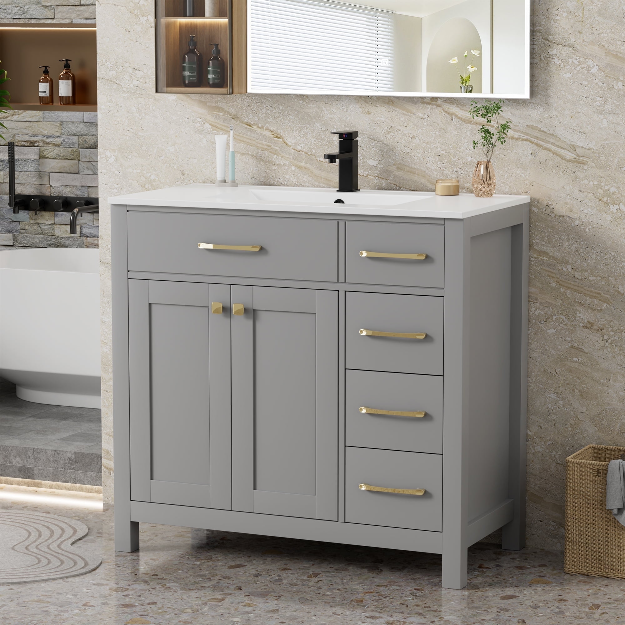 Gray 36" Freestanding Bathroom Vanity with Gold Hardware