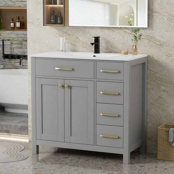 Eclife 36" Single Bathroom Vanity Set with Ceramic Sink Top, Faucet, Drain, Water-resistant Paint