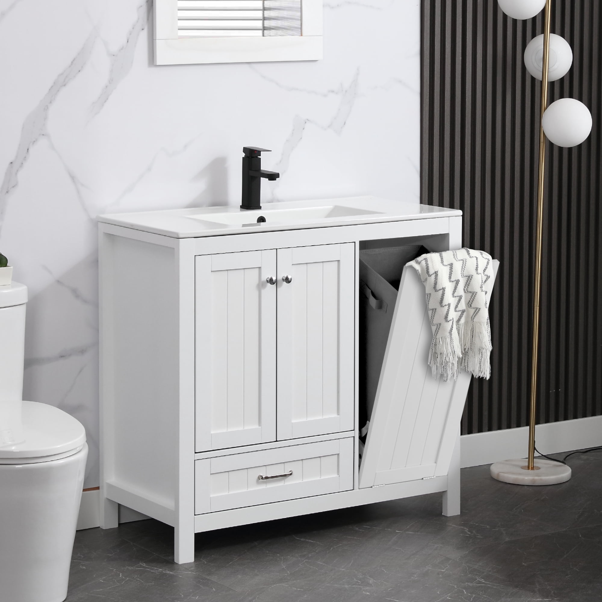 Eclife 36" Single Bathroom Vanity with Ceramic Top, Water Saving Faucet, Laundry Hamper ...