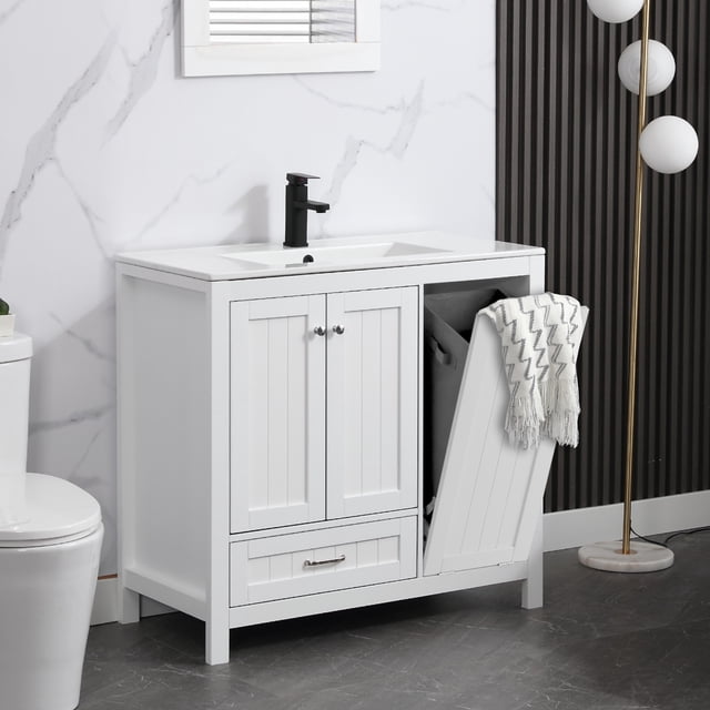 Eclife 36" Single Bathroom Vanity with Ceramic Top, Water Saving Faucet, Laundry Hamper ...