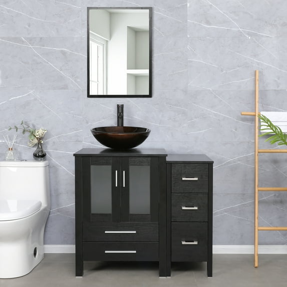 Eclife 36"W x 20"D x 32"H Black Bathroom Vanity Cabinet Sink Combo Brown Round Tempered Glass Vessel Sink with Side Cabinet with Faucet Drain High Definition Mirror Set