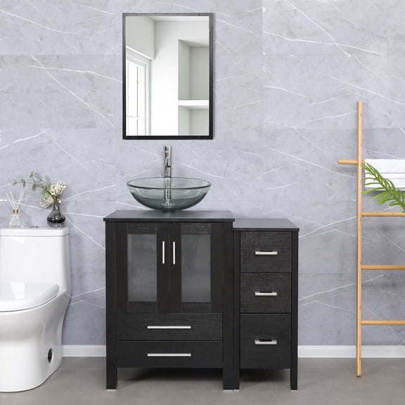 Eclife 36"W x 20"D x 32"H Black Bathroom Vanity Cabinet Sink Combo Clear Round Tempered Glass Vessel Sink with Side Cabinet with Faucet Drain High Definition Mirror Set