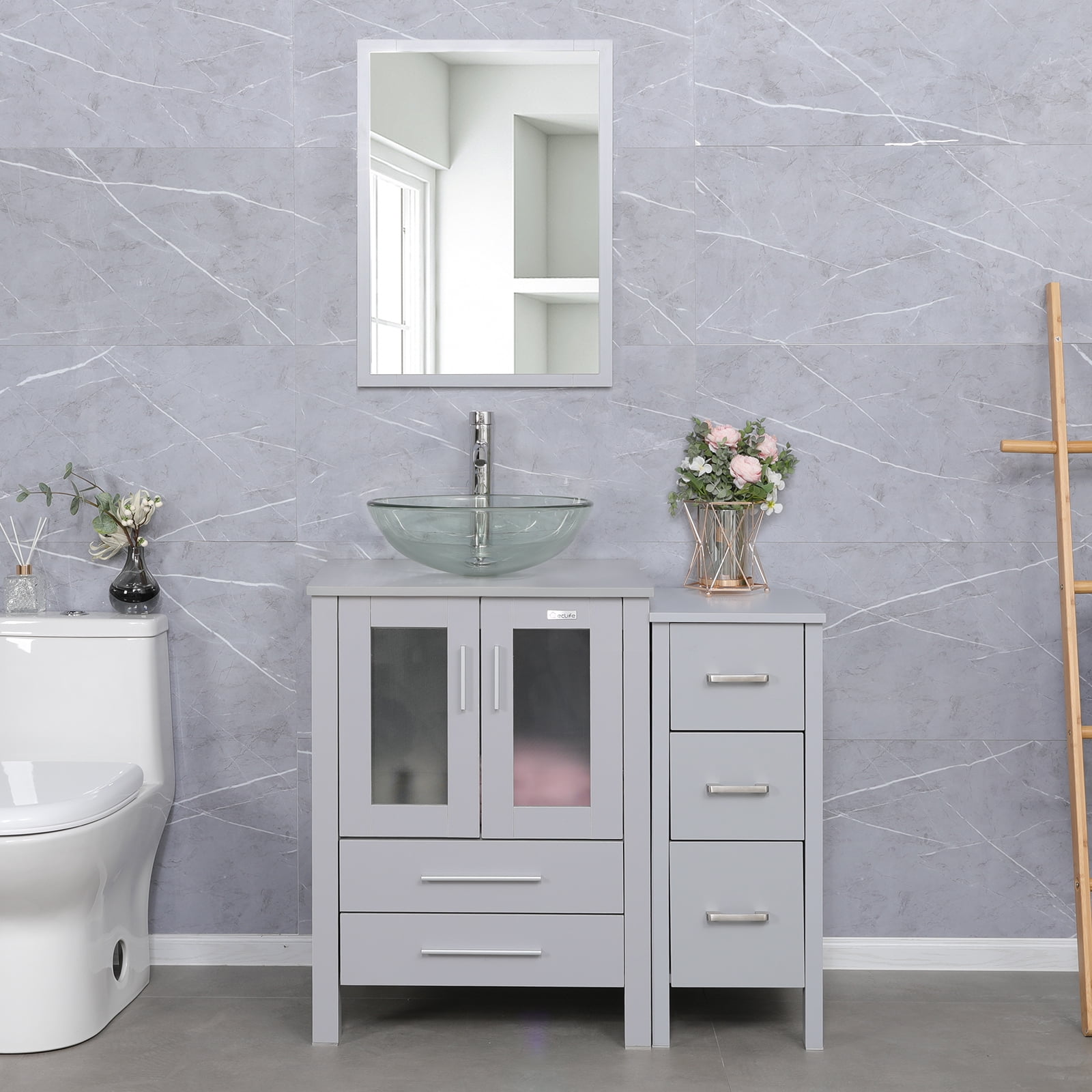 Eclife 36"W x 20"D x 32"H Gray Bathroom Vanity Sink Combo Clear