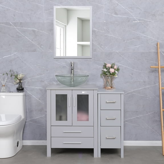Eclife 36"W x 20"D x 32"H Gray Bathroom Vanity Cabinet Sink Combo Clear Round Tempered Glass Vessel Sink with Side Cabinet with Faucet Drain High Definition Mirror Set