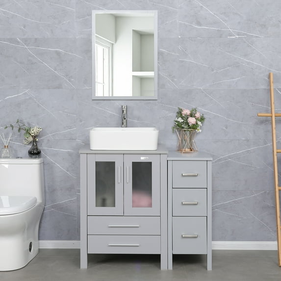 Eclife 36"W x 20"D x 32"H Gray Bathroom Vanity Sink Combo White Rectangle Ceramic Vessel Sink with Side Cabinet, Water Save Faucet & Solid Pop up Drain,Mirror