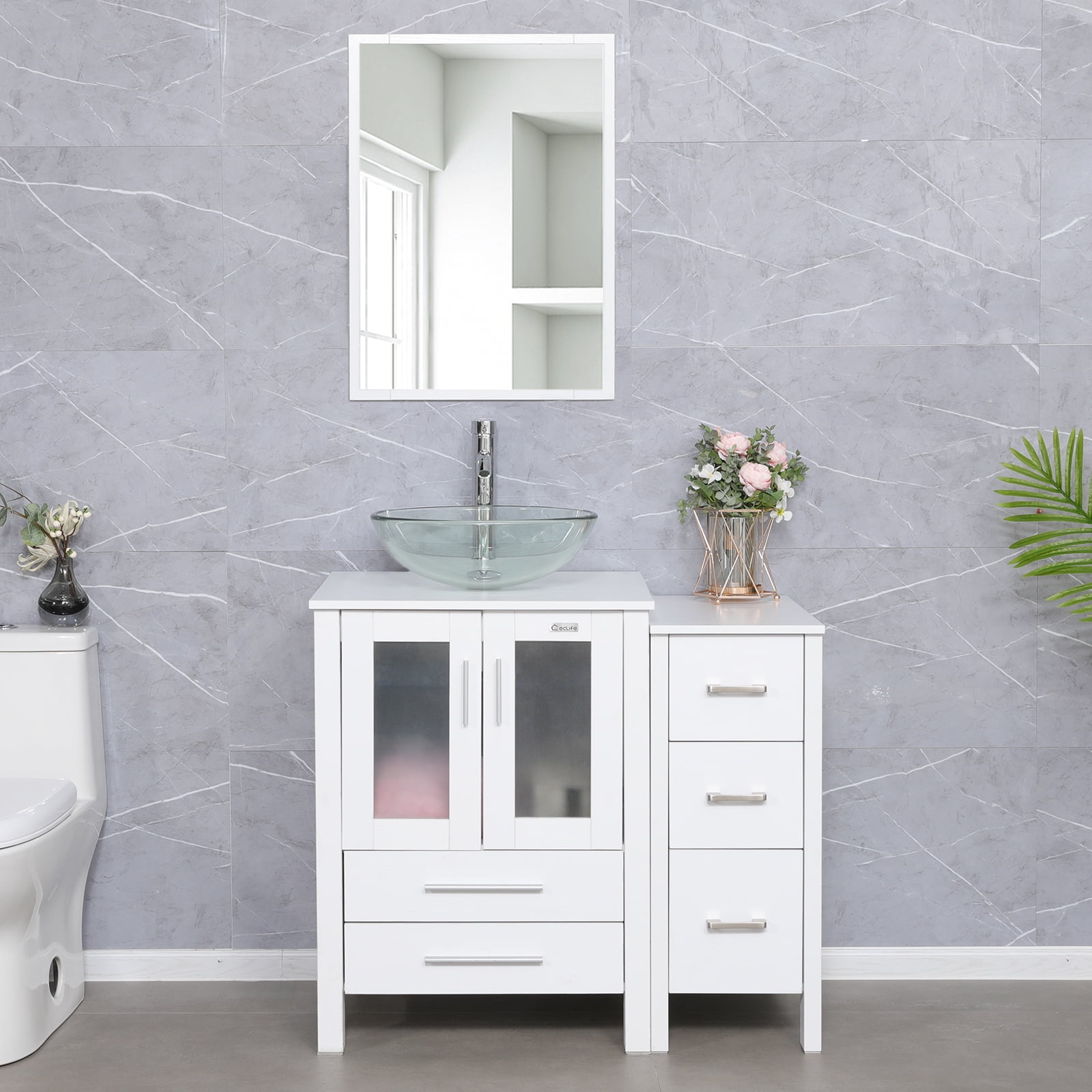 "Eclife 36"" White Bathroom Vanity Cabinet Set with Glass Sink, Side ...