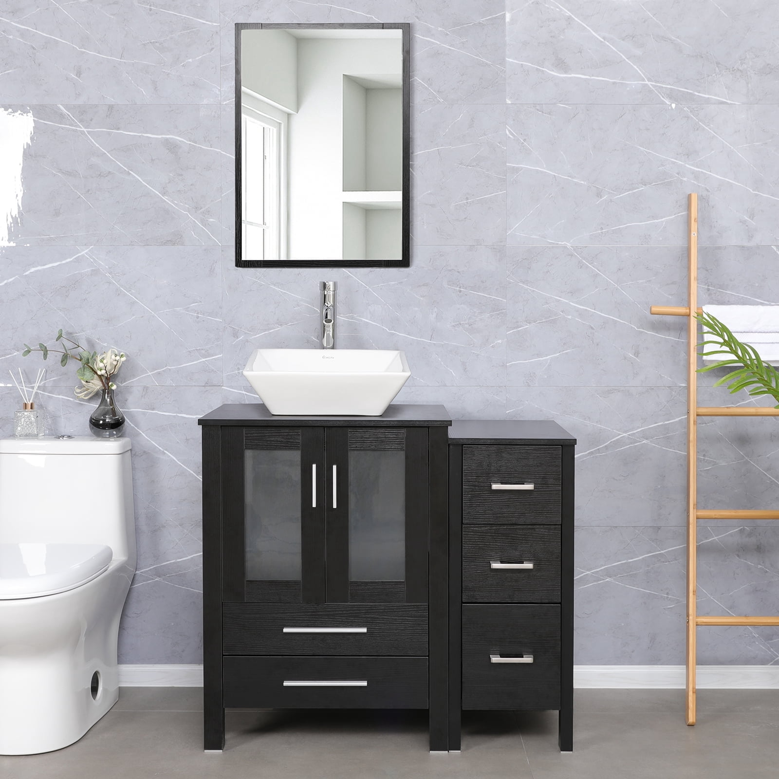 Eclife 36"W x 20"D x 32"H Black Bathroom Vanity Cabinet Sink Combo White Square Tempered Glass Vessel Sink with Side Cabinet with Faucet Drain High Definition Mirror Set