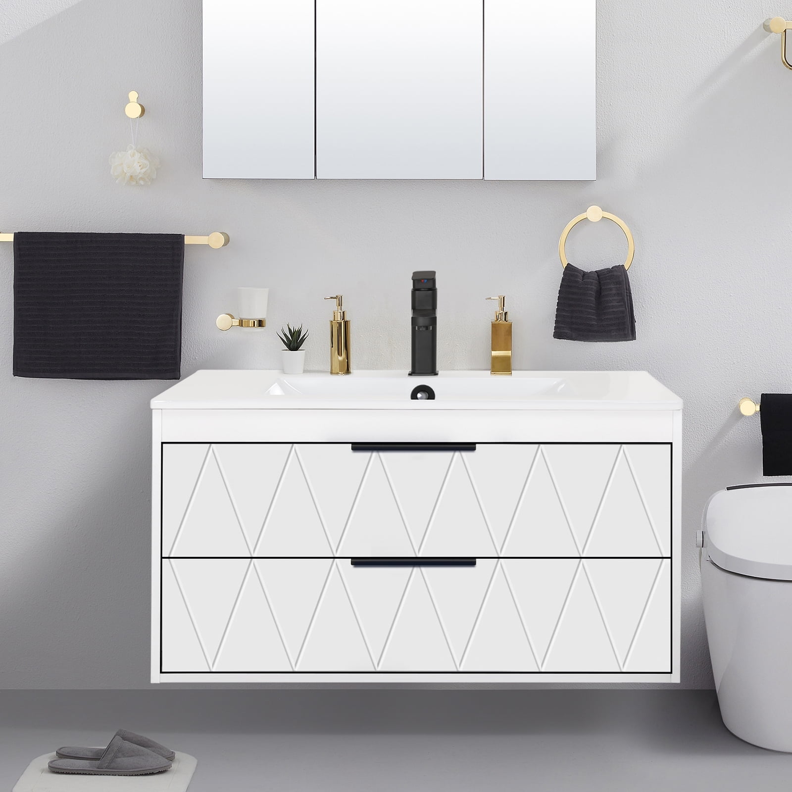 Eclife 36" Wall Mounted Floating Bathroom Vanity with Ceramic Sink Top and 30% Water Saving ...