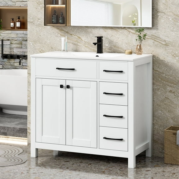 Eclife 36 in White Bathroom Vanities with Integrated Sink Top, Contemporary, 1 Pack