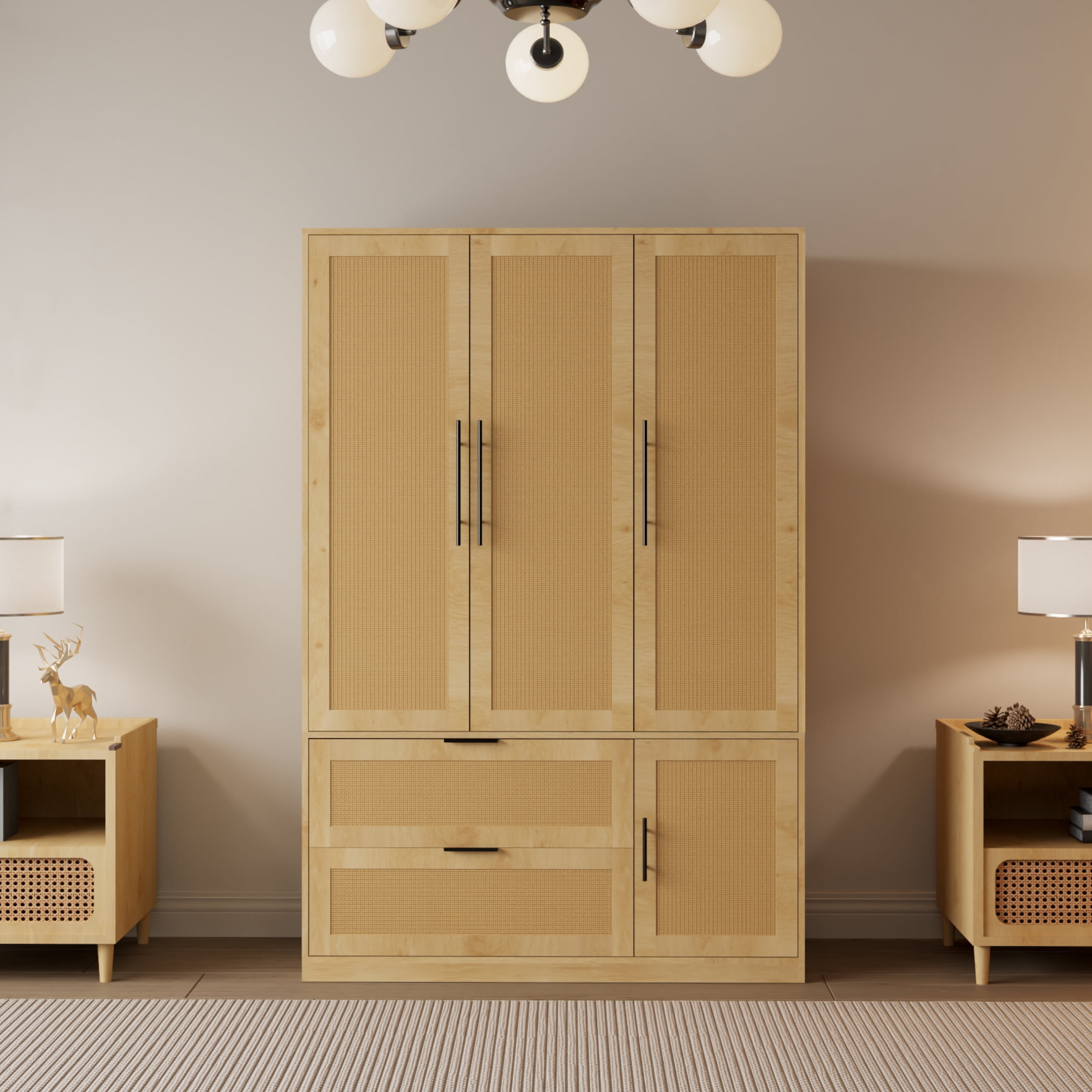 Natural Wood and Rattan 4-Door Wardrobe with Drawers
