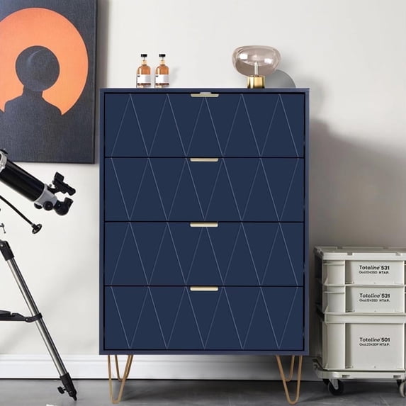 Eclife 4 Drawer Dresser, Blue MDF Wood Chest of Drawers with Metal Handles, Storage Cabinet for Bedroom, Closet and Living Room