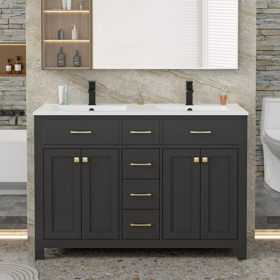 "eclife 48" Slim Double Sink Bathroom Vanity Set with Resin Top, Faucet, Drain