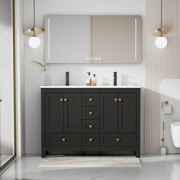 "eclife 48"" Freestanding Bathroom Vanity Set with Resin Double Sink Top, PU Paint, Water-Saving Faucet, Black"
