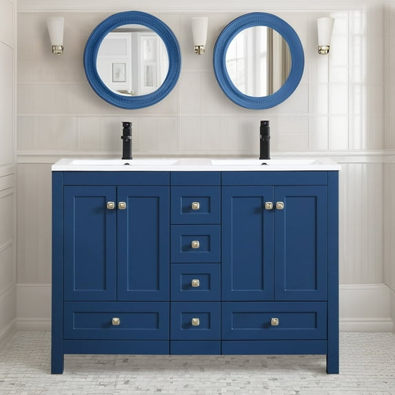 Eclife 48" Freestanding Bathroom Vanity Set with Resin Double Sink Top, PU Paint, Water Saving Faucet, Navy Blue
