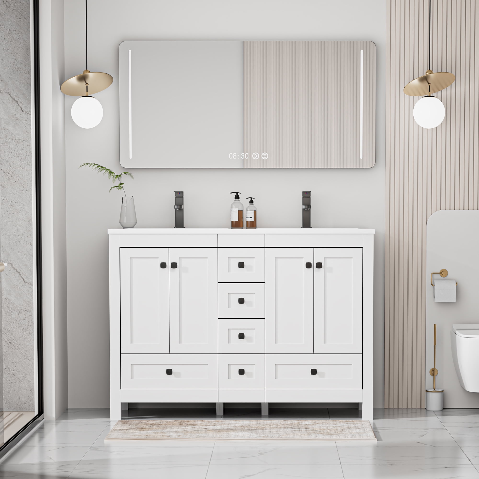 Eclife 48" Freestanding Bathroom Vanity Set with Resin Double Sink Top, PU Paint, Water Saving Faucet, White