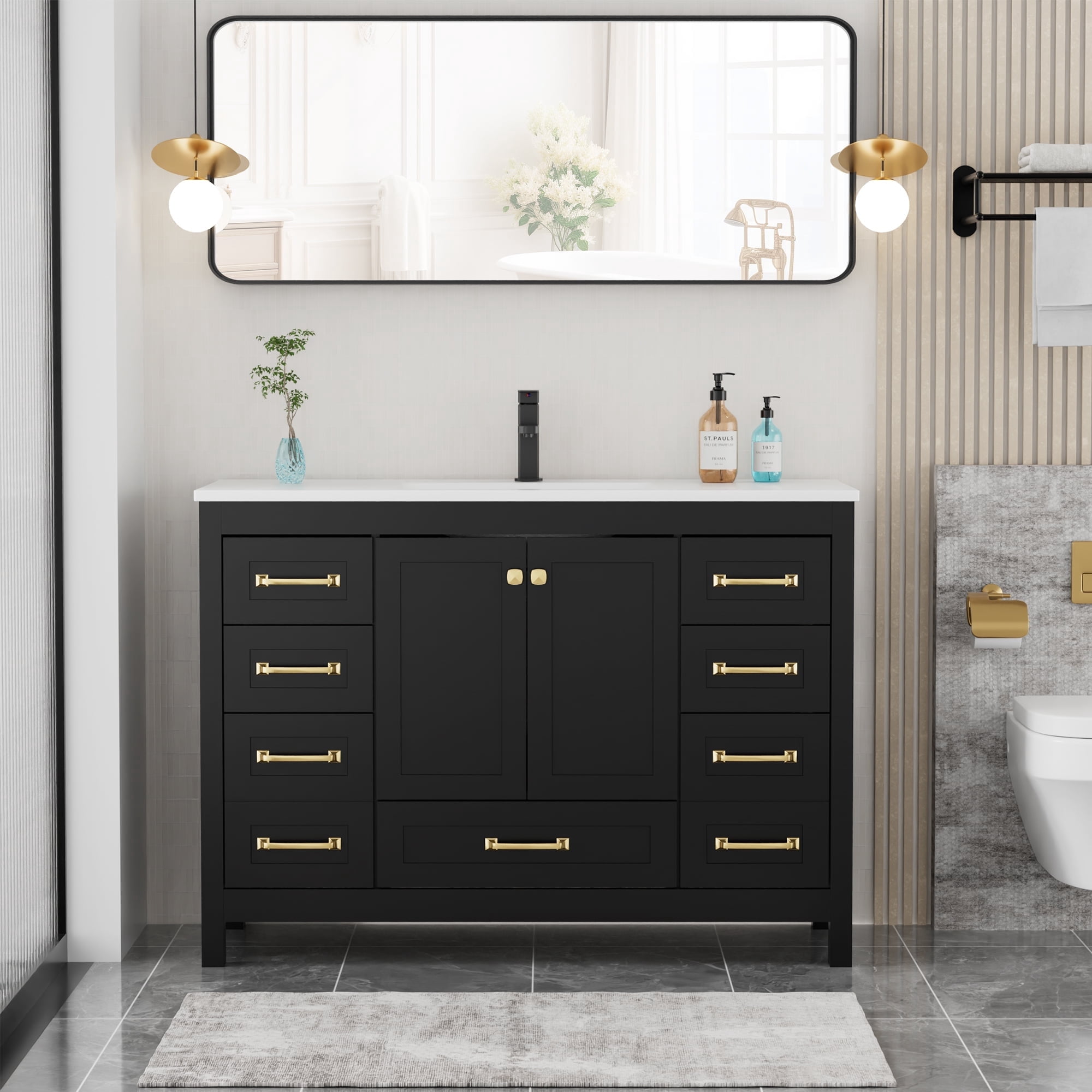 Eclife 48" Freestanding Bathroom Vanity with Integrated Sink Top, Multi-Compartment Storage, Zinc Alloy Faucet
