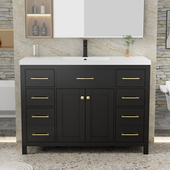 eclife 48" Freestanding Double Sink Bathroom Vanity with Resin Top, Faucet, and Drain