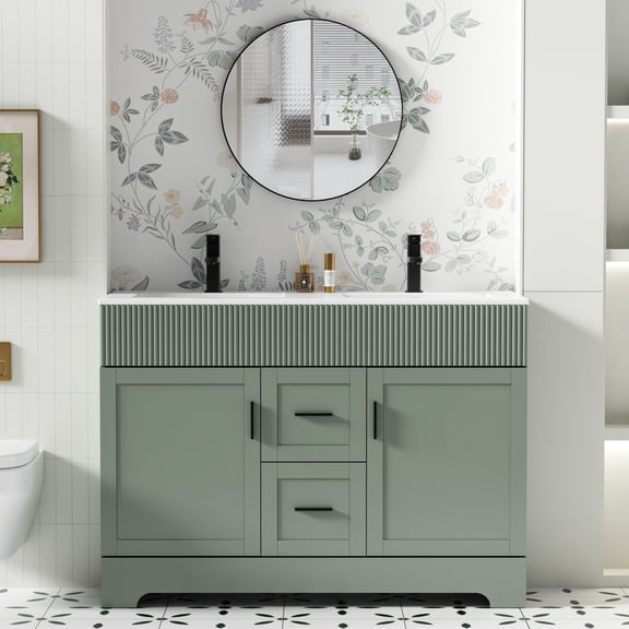 eclife 48-Inch Mid-Century Modern Green Double Sink Bathroom Vanity with Resin Countertop