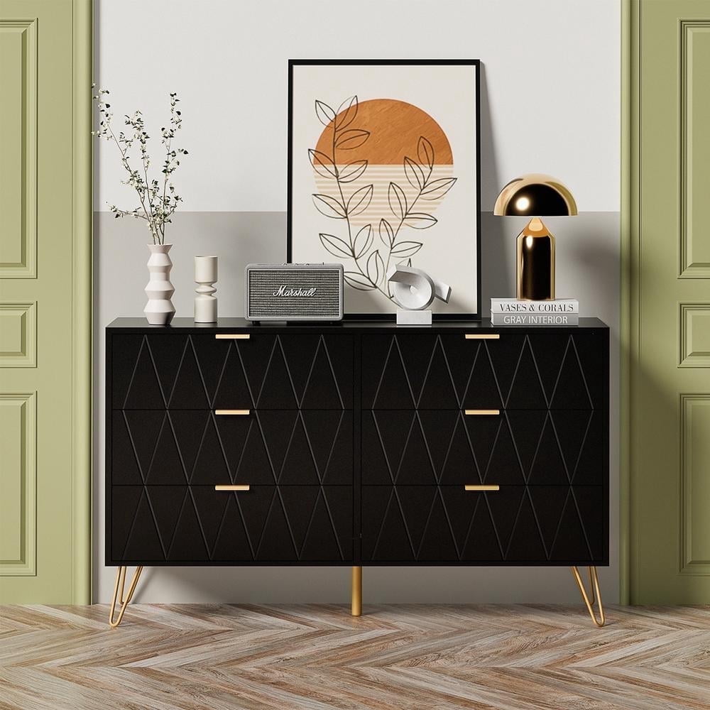 Eclife 47.2"Wide x 28.7" Tall 6-Drawer Double Dressers for Bedroom Living Room Chest with Deep Drawers and Metal Handles, Modern Wood Storage Chest of Drawers, Black