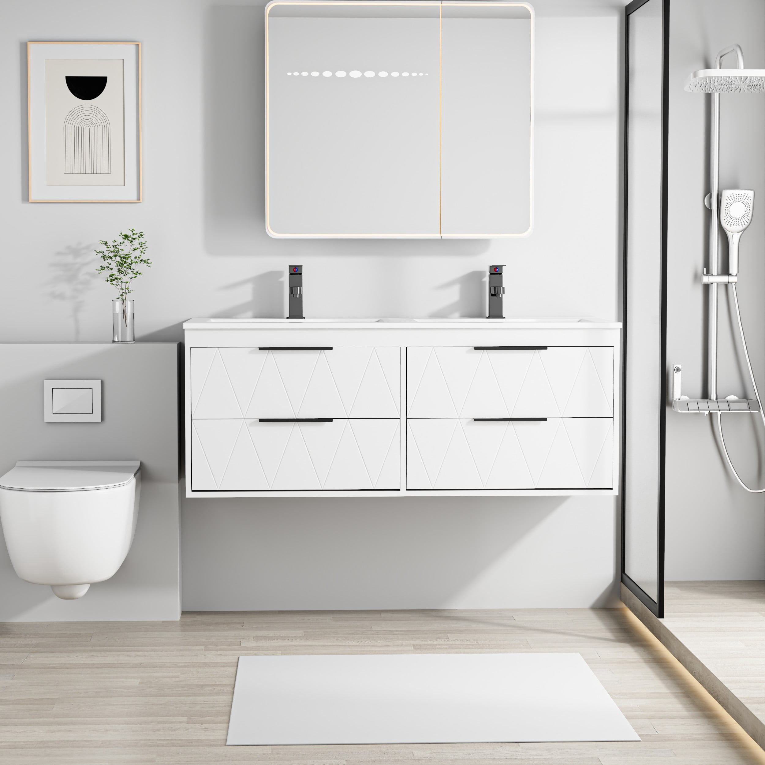 Eclife 48" White Wall Mounted Bathroom Vanity Sink Combo Modern Floating Cabinet with Drop in Resin Sink Top