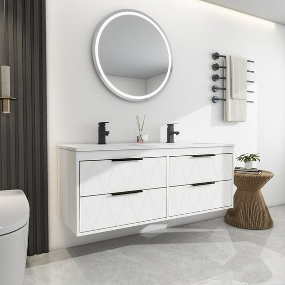 Eclife 48" White Wall Mounted Bathroom Vanity Sink Combo Modern Floating Cabinet with Drop in Resin Sink Top