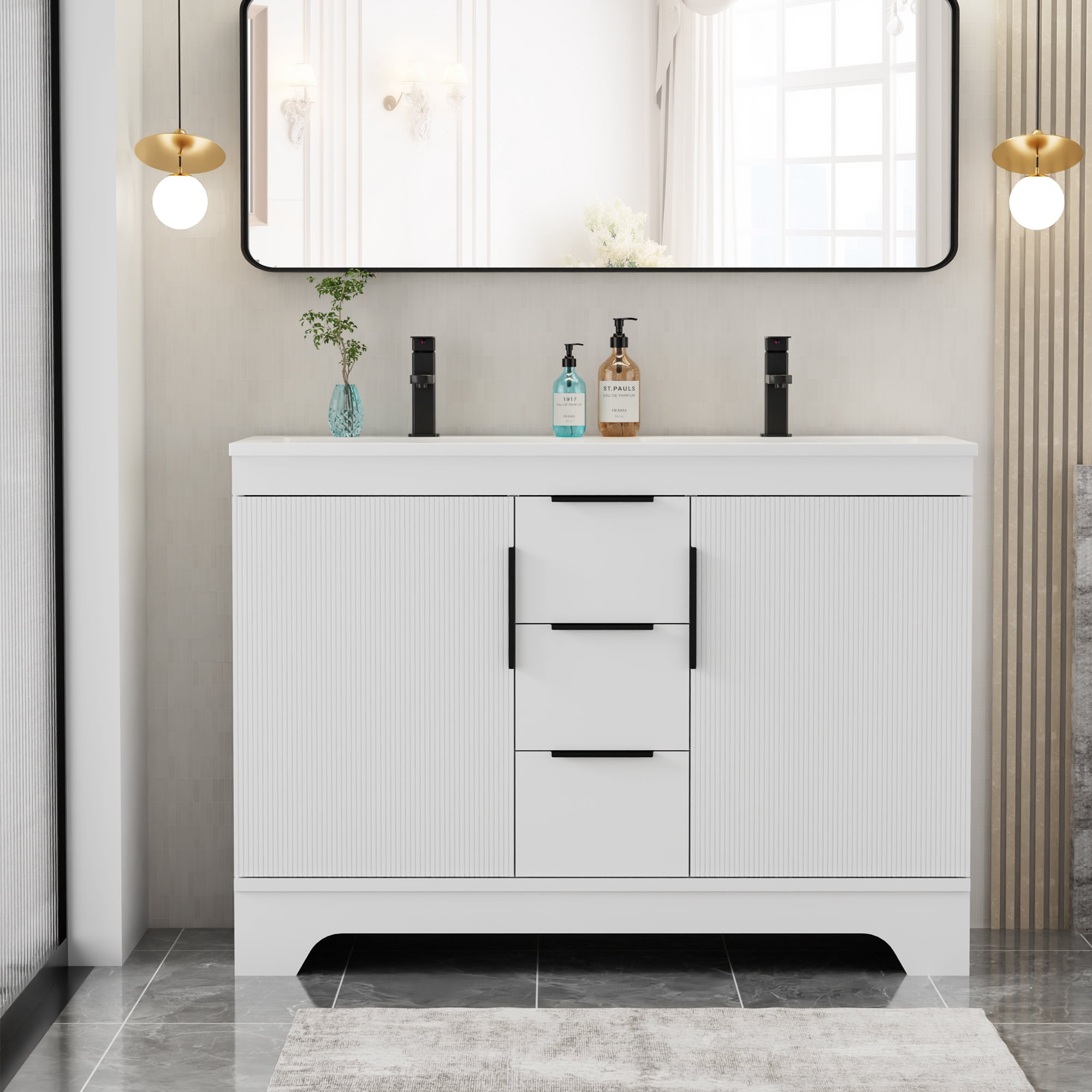 Eclife 48-inch Double Sink Bathroom Vanity with Integrated Tops, Soft-Close Hinges, Fluted Door Design, Mid-Century Modern
