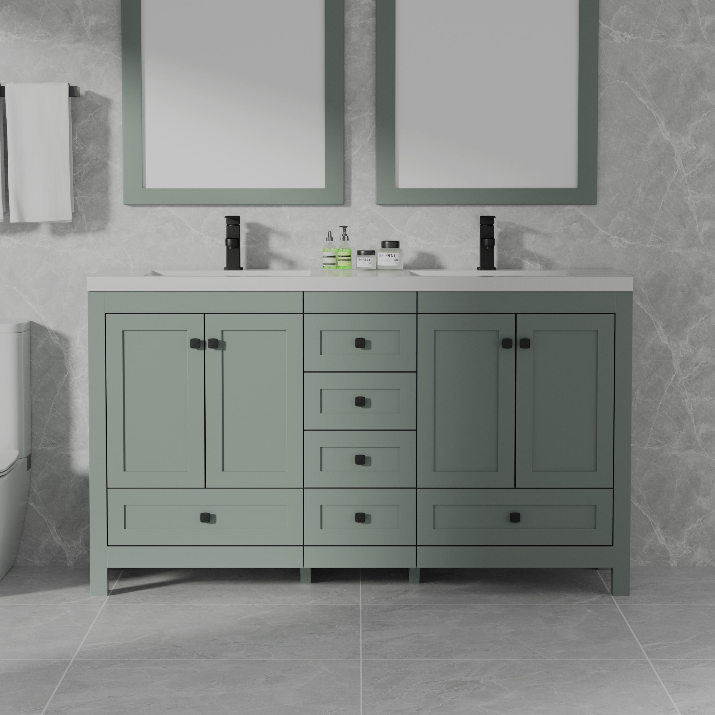 Eclife 60" Freestanding Double Sink Bathroom Vanity with Integrated Sink Top and Faucet, Hand Painted Bathroom Vanity Cabinet, Spacious Storage