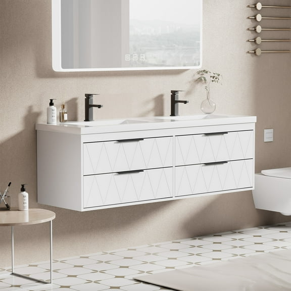 Eclife 60" Modern Wall-Mount Double Sink Bathroom Vanity with Resin Top, Water-Resistant Painted Floating Cabinet, Soft-close Drawers