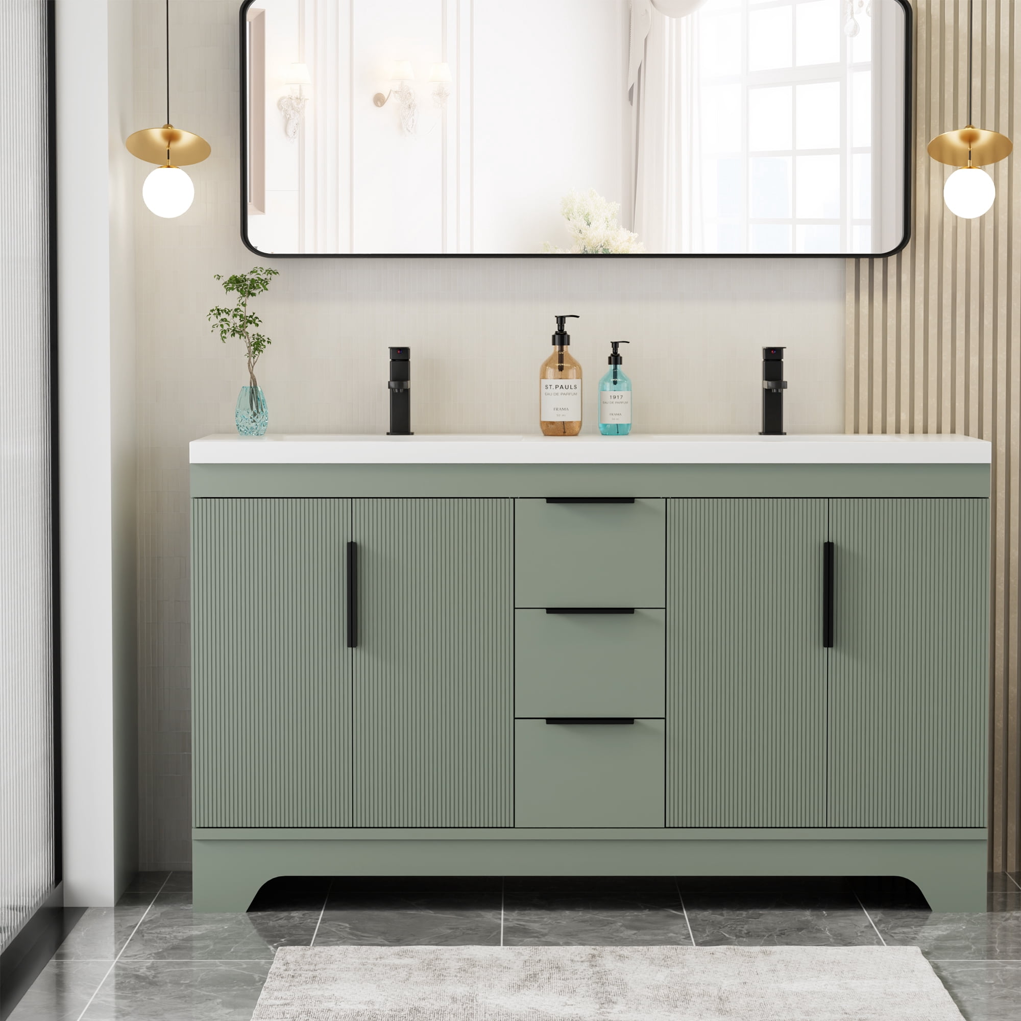 Eclife 60-inch Double Sink Bathroom Vanity with Integrated Tops, Soft-Close Hinges, Fluted Door Design, Mid-Century Modern