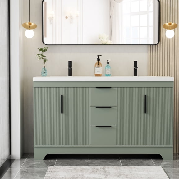 Eclife 60-inch Double Sink Bathroom Vanity with Integrated Tops, Soft-Close Hinges, Fluted Door Design, Mid-Century Modern