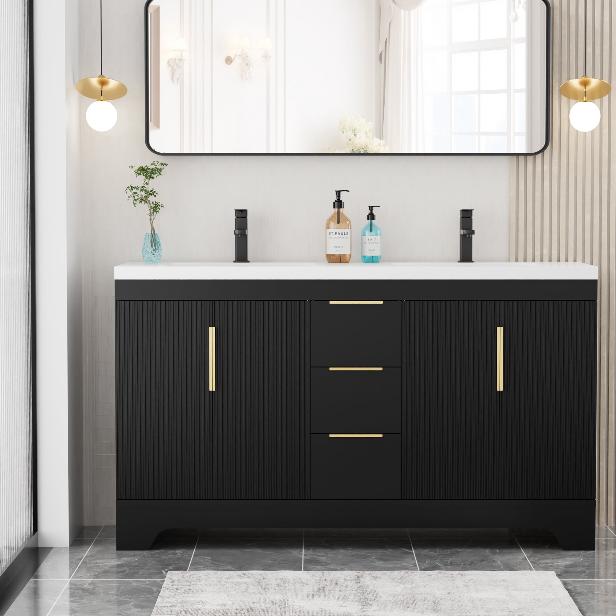 Eclife 60-inch Double Sink Bathroom Vanity with Integrated Tops, Soft-Close Hinges, Fluted Door Design, Mid-Century Modern
