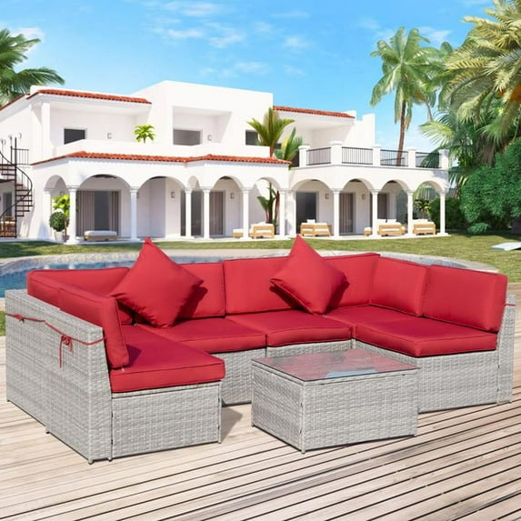 Eclife 7 Pieces Wicker/Rattan Patio Conversation Set All-Weather Outdoor Sofa 6-Person Sectional Seating Group Metal With Cushions and Coffee Table