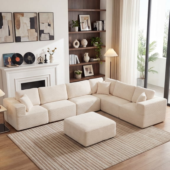 Okeysen 7-Seat Modular Corduroy Sectional Sofa, Upholstered Accent Seating with Ergonomic Support, No Assembly, Beige