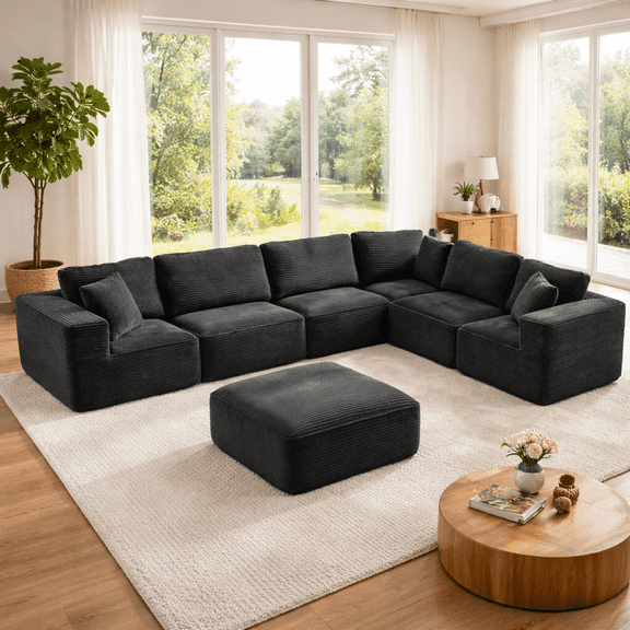 Eclife 7-Seat Modular Corduroy Sectional Sofa, Upholstered Accent Seating with Ergonomic Support, No Assembly, Dark Gray