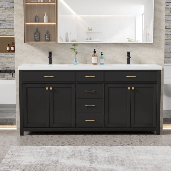 Eclife 72" Freestanding Double Sink Bathroom Vanity with Resin Top, Faucet and Drain,Assembly Required, Spacious Storage