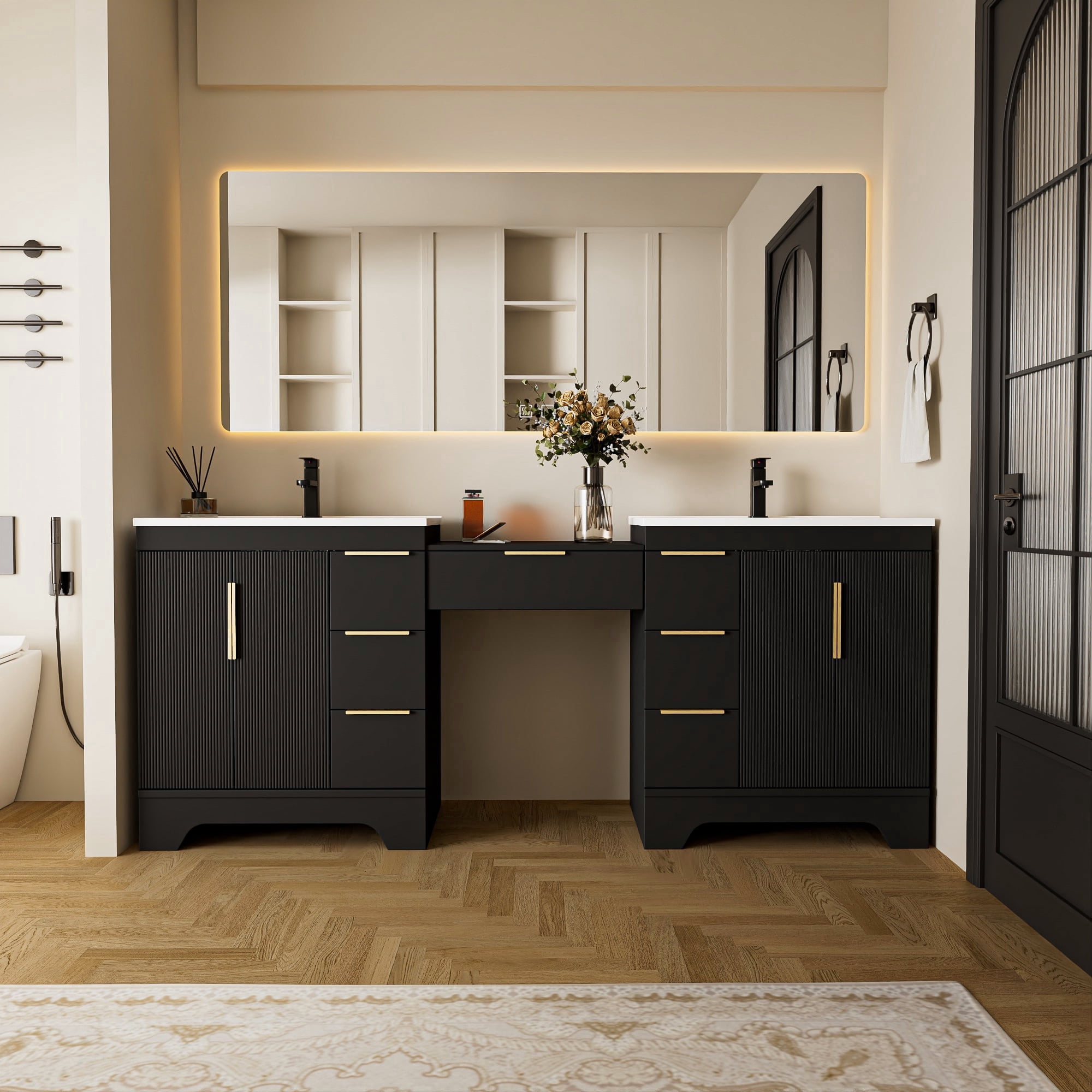 Eclife 84'' Bathroom Vanity with Double Integrated Sink, Wall-Mounted Makeup Table, Soft-Close Doors